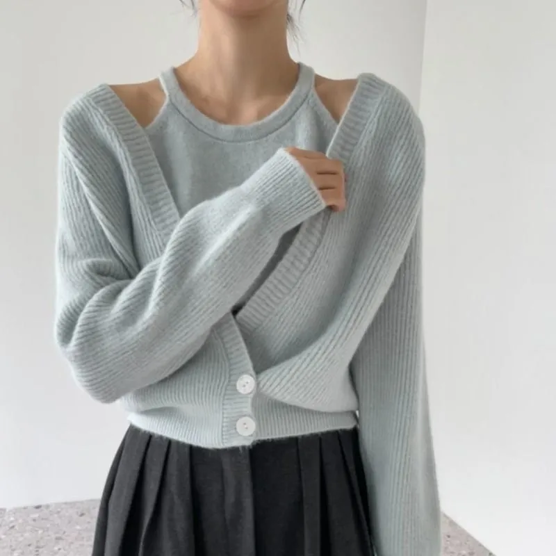 

Y2k Knitted Button Women Cardigan Korean Fashion Office Lady Solid Simple Design Two Piece Set O Neck Halter Sleeveless Tank Top