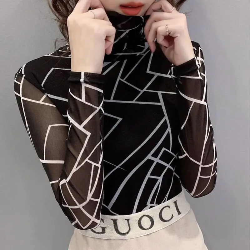 Woman Mesh Turtleneck Autumn T-Shirt Female Fashion Casual Long-Sleeved Printing Slim Tops Lady Long Sleeve Bottoming Shirt G251