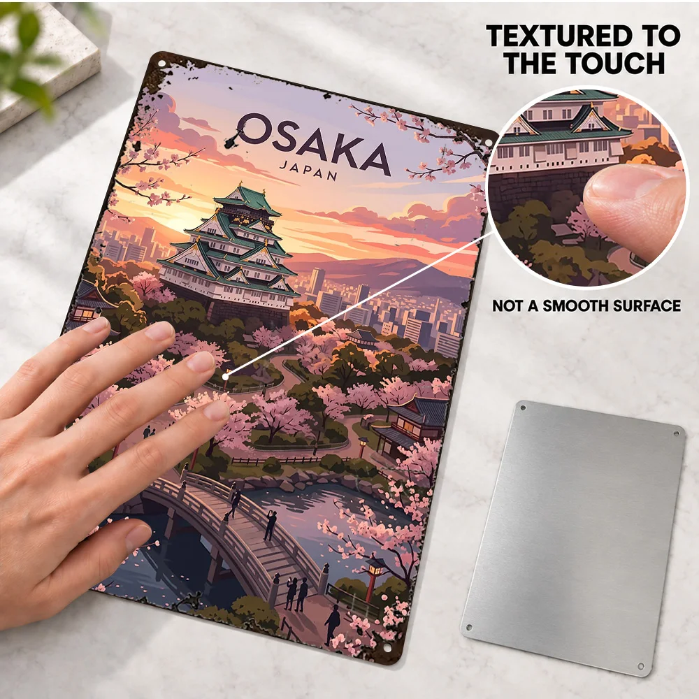 Sunset Glow Over Historic Osaka Castle Aluminum Poster Retro Colorful Wall Art For Study Personalized Metal Sign Traveler Gift