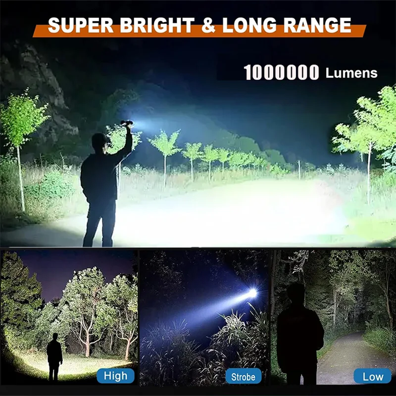 High Strong Power Rechargeable Led Flashlights Tactical Torch Light with Display Light Camping Fishing Emergency Zoom Lantern
