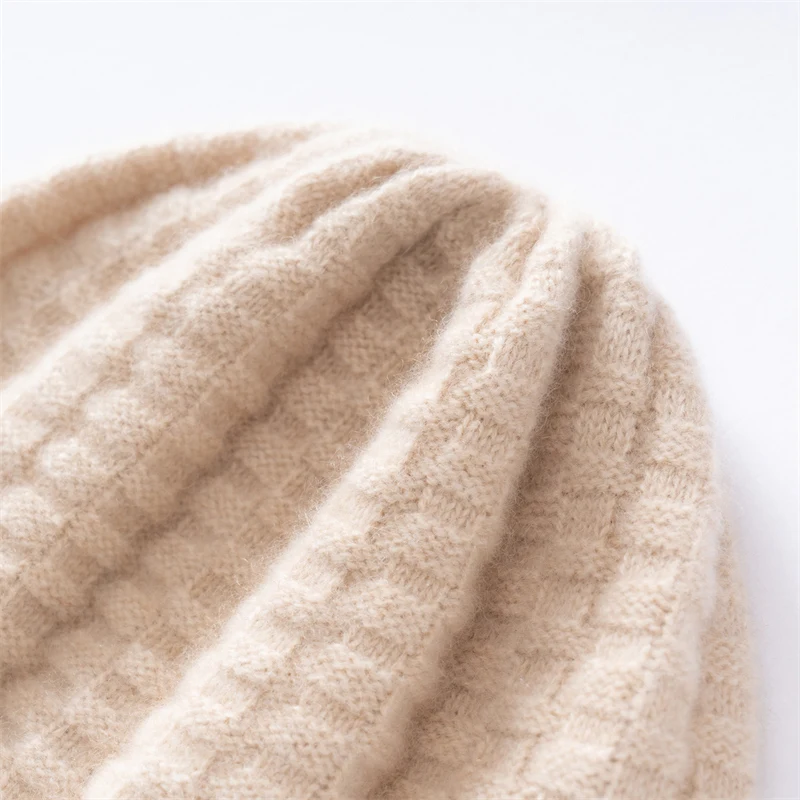 2025 Autumn and Winter 100% Cashmere Hat Women's Twisted Flower Knitted Curled Edge Ear Protection Warm Stacking Hat 3 color