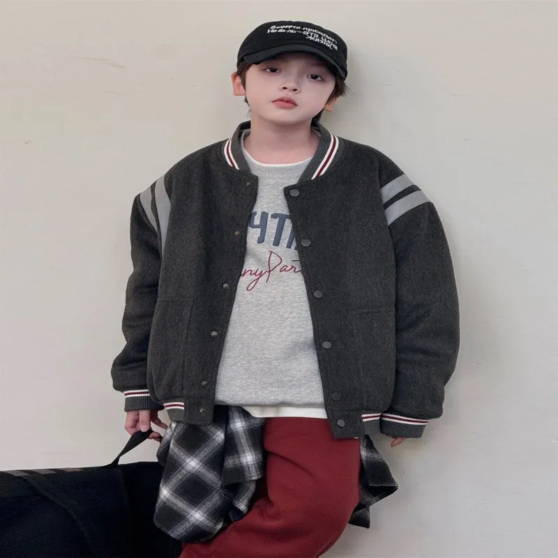 2025 New Boys' Winter Baseball Jacket Quilted Thickened Cotton-Padded Coat Boys' Thick Woolen Coat Premium Quality