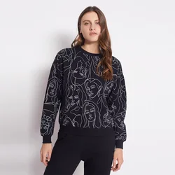 Foreign trade original single autumn and winter printed round neck plus fleece women's hoodie