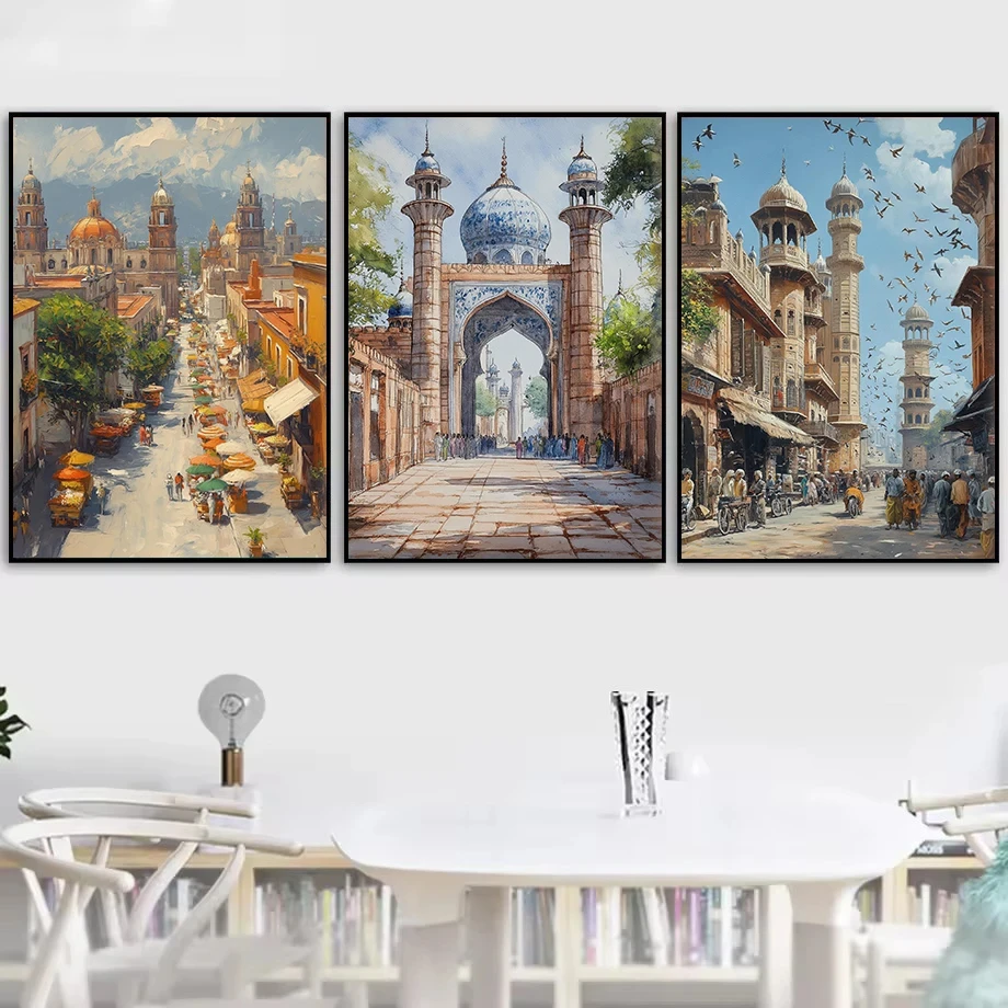 Watercolor Pakistan Cityscape Karachi Lahore Living Old City Market Travel Poster Canvas Painting Wall Art Pictures Home Deor