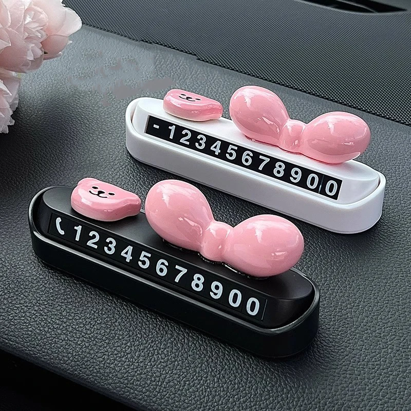 

Pink Bowknot Car Temporary Parking Card Cartoon Bear Car Phone Holder Hidden Type Telephone Number Plate Car Park Stop