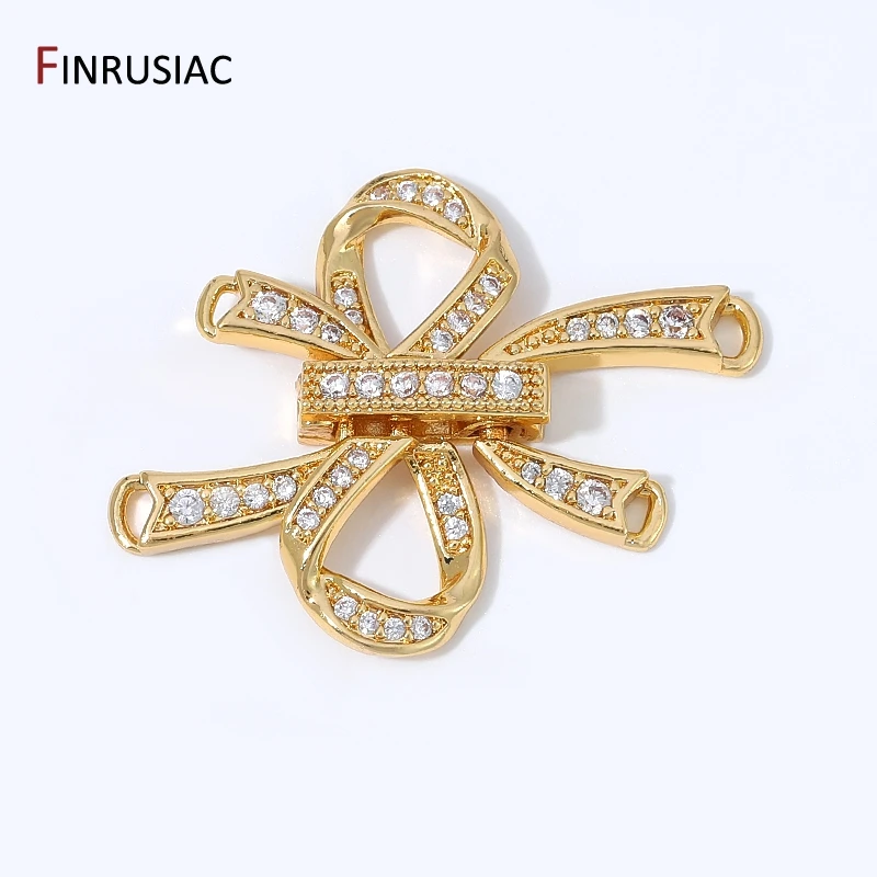 18K Gold Plated Brass Hollow Ribbon Bow Connector Clasps,2 Holes Zircon Fastener Slide Lock for DIY Jewelry Making Accessories