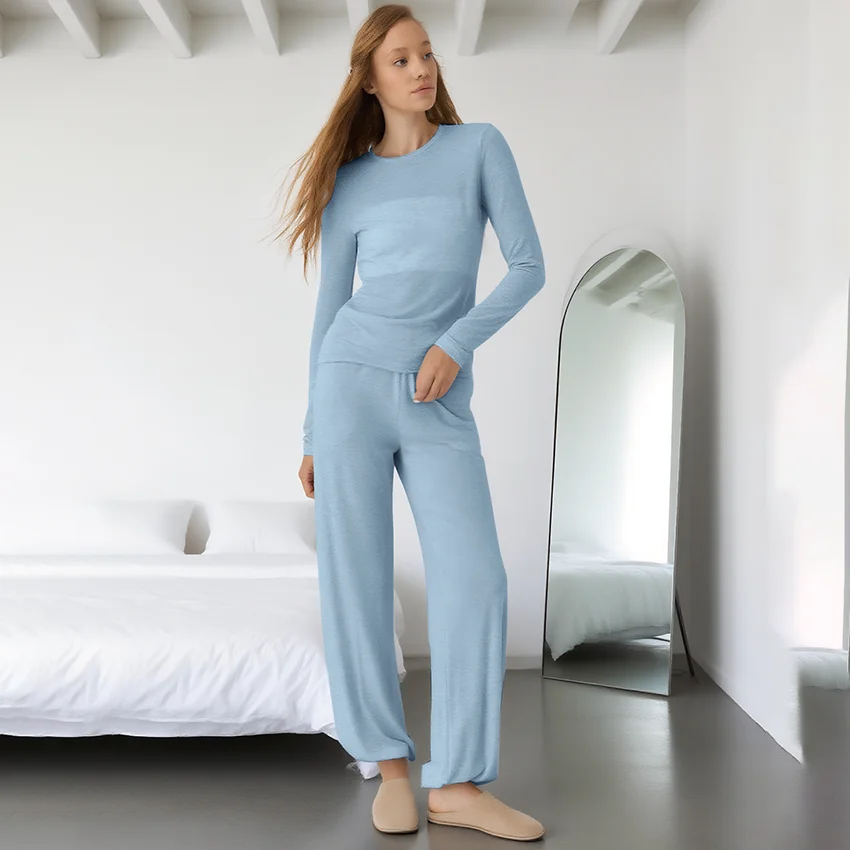 

HiLoc Casual Blue Trousers Sets Pajamas For Woman 2025 Autumn Long Sleeve T Shirt With Long Pants 2 Piece Home Outfits Female