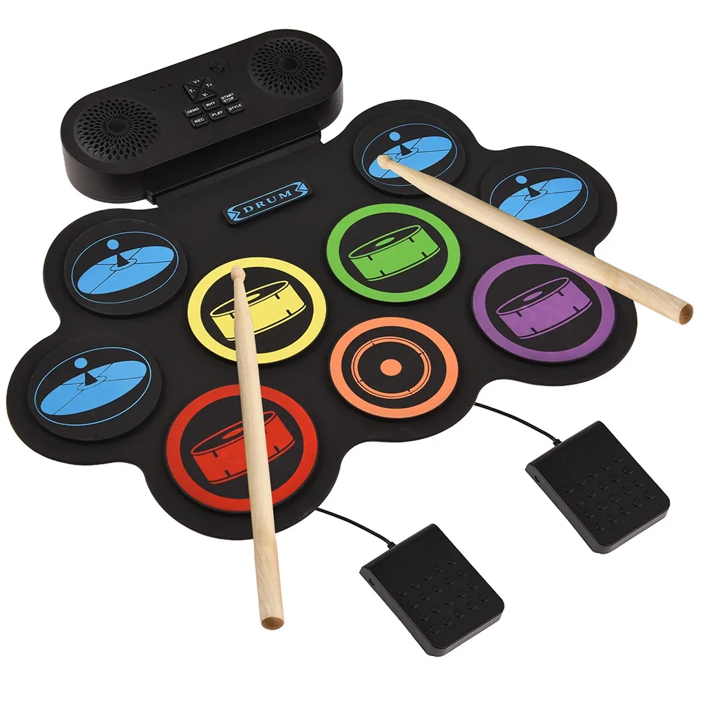 Roll Drum 9 Pads Pad Digital Drum Kit Pedal Controller with Drum Sticks Touch Sensitivity Great Holiday Birthday Gift for Kids