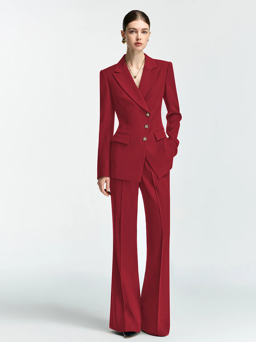 Red Suit Set Women's Fashionable Broadcast Art Exam Host Costume High Waist Long Pants Button up Slim Fit Workwear Ensemble