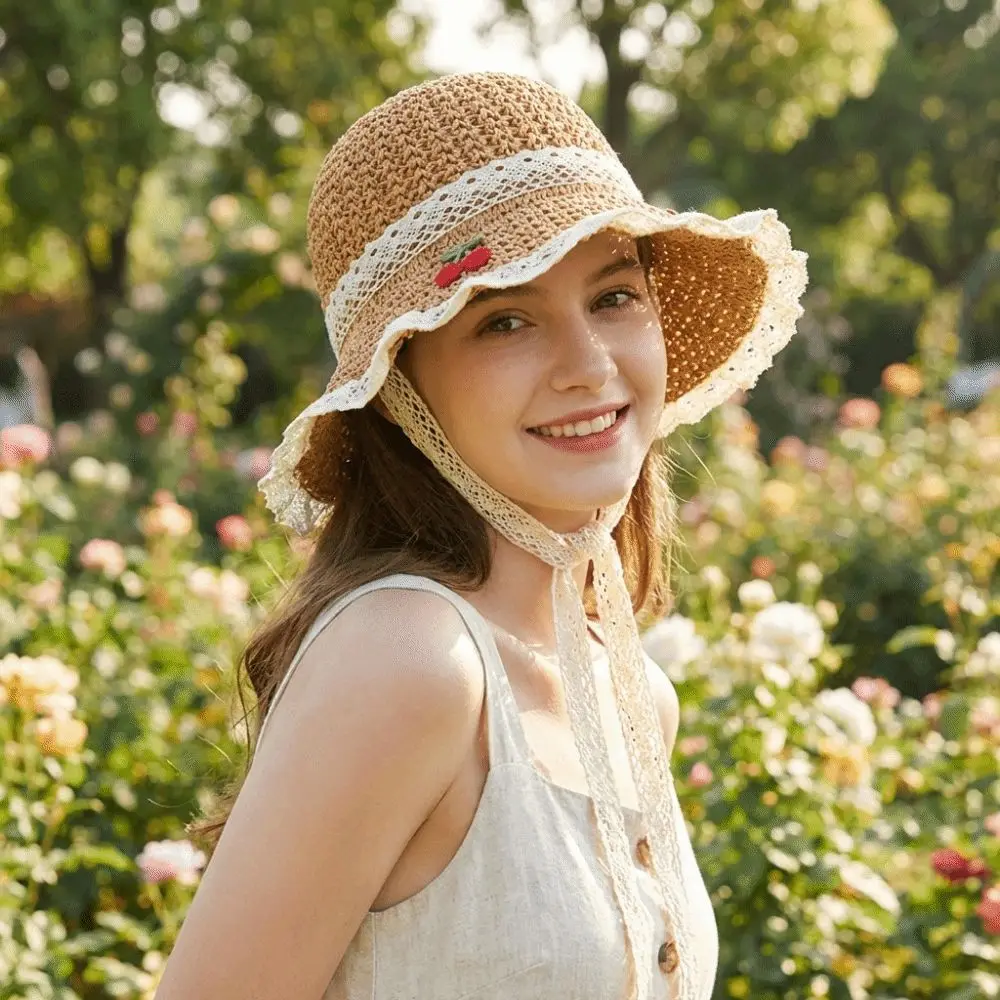 

Retro Cherry Embroidered Women Sun Hat Solid Color Lace Straw Fisherman Hat Korean Style Foldable Woven Bucket Hat Seaside
