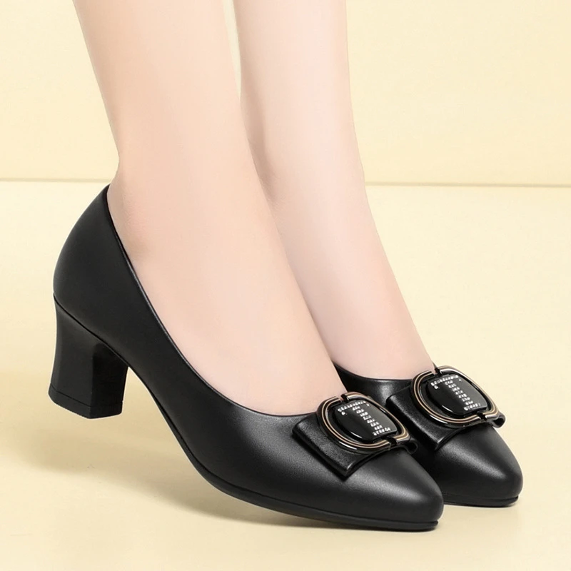 Women's Single Shoes Spring Autumn Thick Heel Leather Shoes Versatile For Work Women's Shoes Without Tiring Feet High Heel Shoes