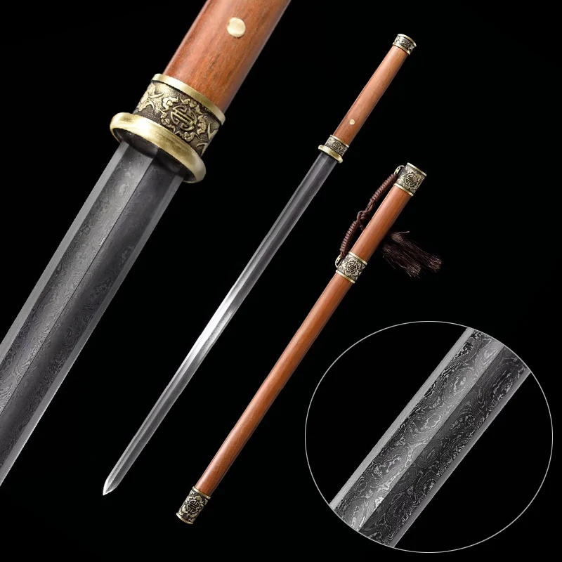 Hand‑Forged Chinese Jian Sword, Ridged‑Surface Pattern Steel Blade, Rosewood Scabbard, Wushu Practice, Collectible Home Decor