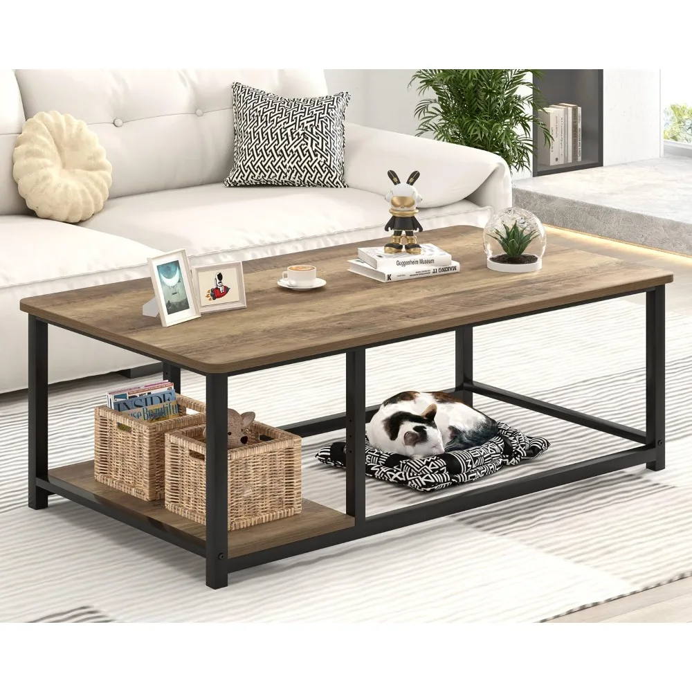 Coffee Table with Storage Shelf, Modern Wood and Metal Center Table for Living Room, Rustic Oak, 47 Inch