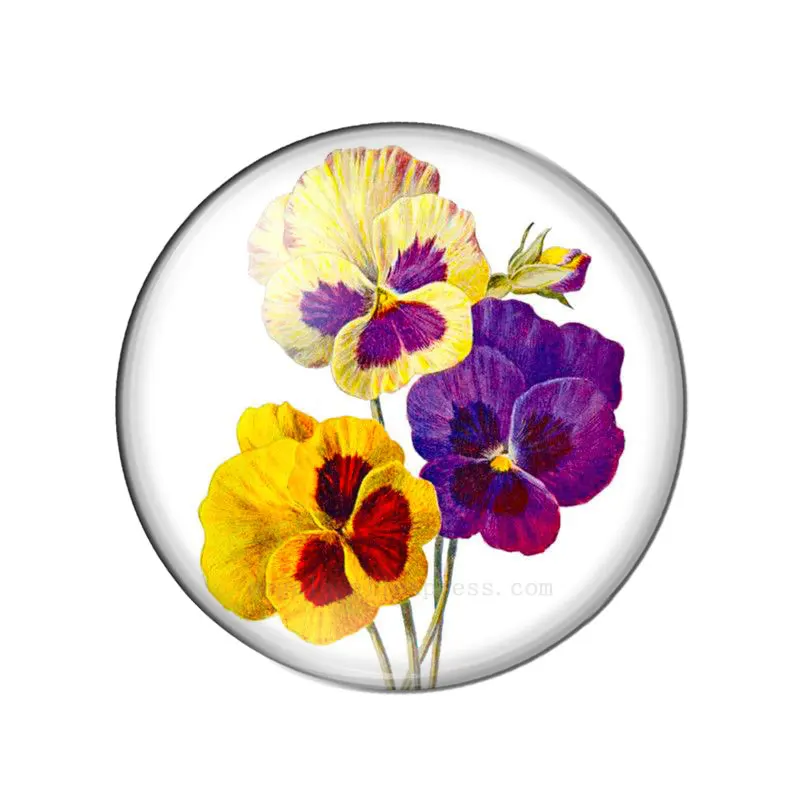 Pansy Flowers Watercolor Painting 10pcs mixed 12mm/18mm/20mm/25mm Round photo glass cabochon demo flat back Making findings