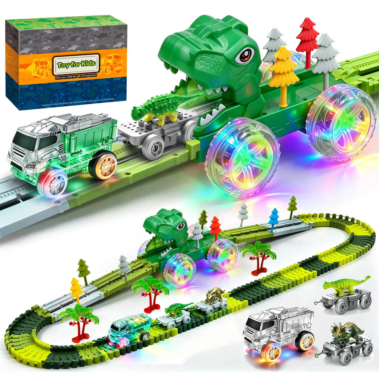 Dinosaur Race Track Toy Flexible Bendable Track with LED Light-Up Wheels Dinosaur Truck with Dinosaur Figures Boys Birthday Gift