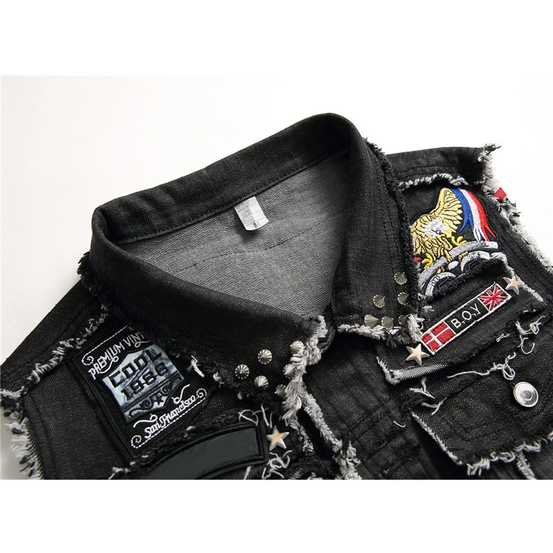 New 2023 spring men\'s black embroidered denim cardigan youth popular lapel men\'s casual vest