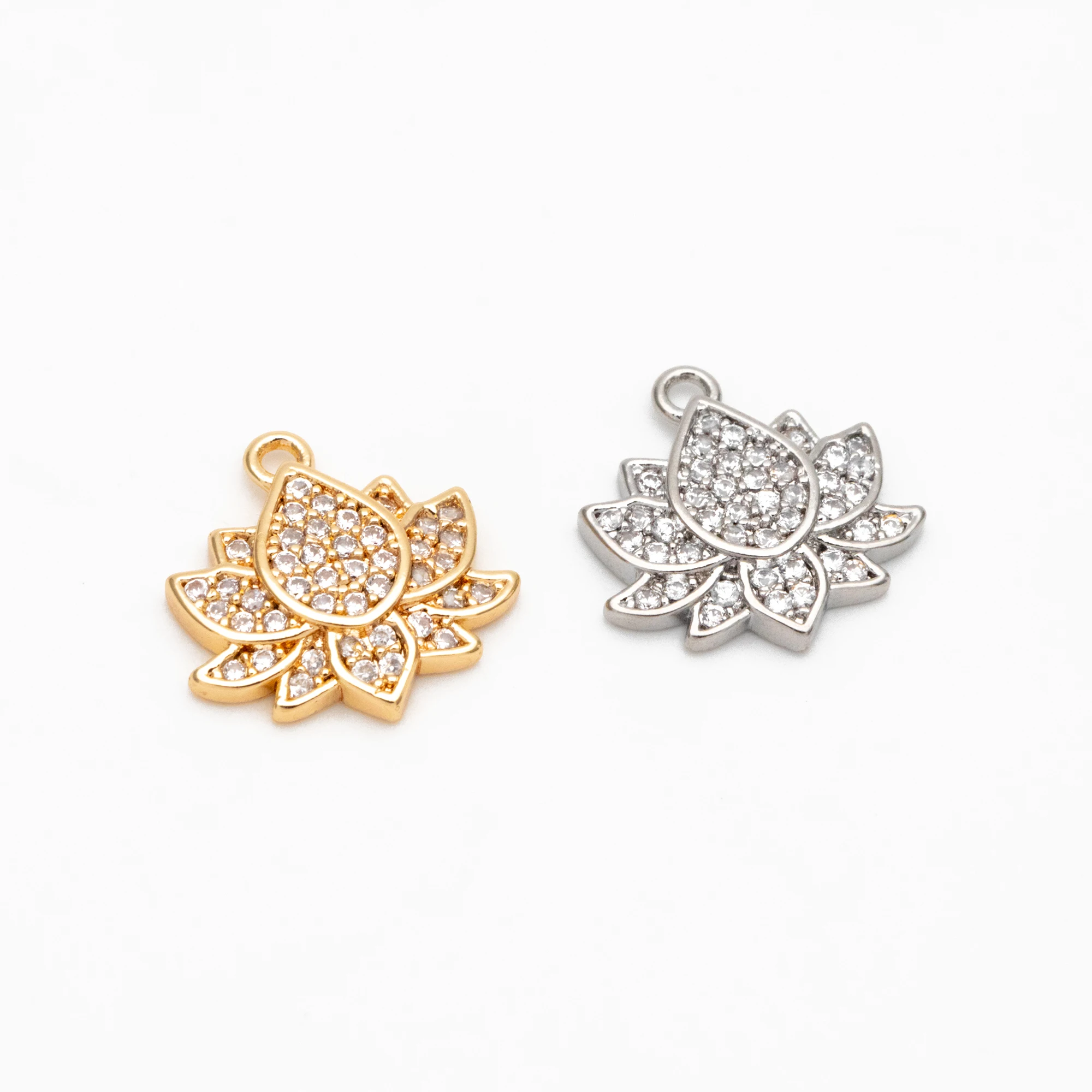 

4pcs/Lot CZ Paved Gold Lotus Charm Pendants 13mm, Real Gold Plated Brass, Tarnish Resistant (GB-321)