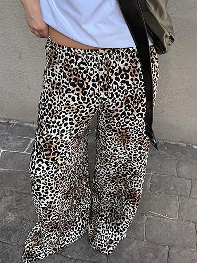 Printed Leopard Loose Pants Women Low Rise Wide Leg Trousers Female Summer Fashion Casual Overalls Outdoor Streetwear