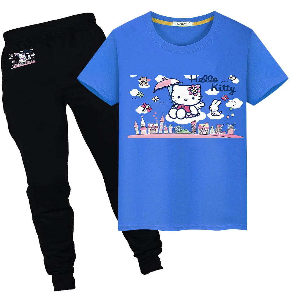 

hello kitty Print 100%Cotton T-shirt Kawaii anime Tshirts Short+pant Summer Cartoon Sports Sets boys girls kids boutique clothes