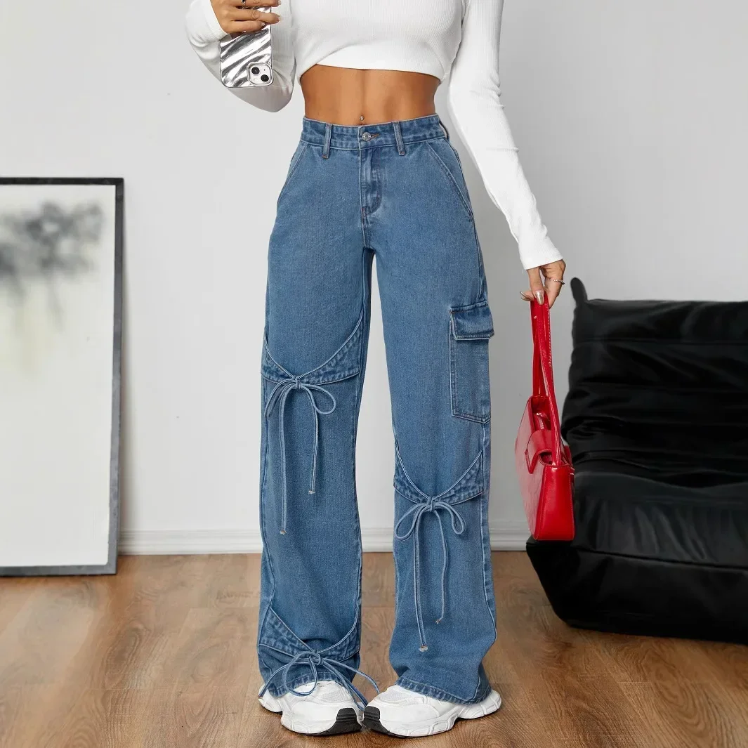 Dżinsy Damskie Denim Proste Szerokie Nogawki Spodnie 2025 Streetwear Guziki Kieszenie Średni Stan Sznurowane Kokarda Sprane Postarzane Spodnie