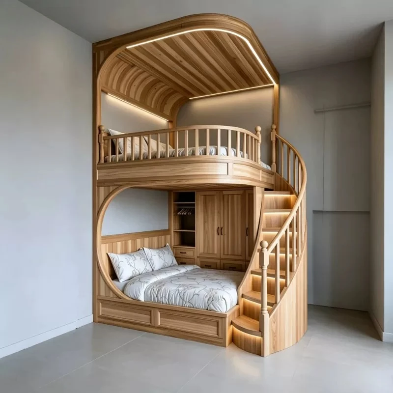 Solid wood curved spiral staircase, solid wood at varying heights, mother-child bed