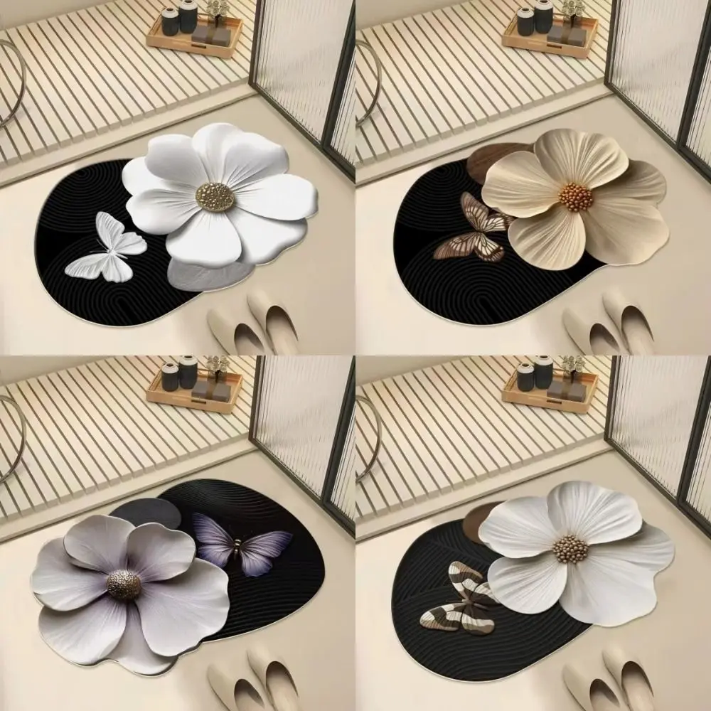 3D Vision Bathroom Floor Mat Diatomaceous Earth Floral Pattern Toilet Door Mat Non-Slip Quick-Drying Entrance Doormat Home Decor