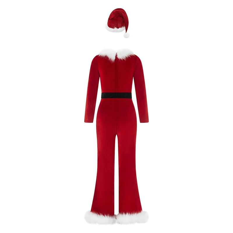 Women Red Christmas Costumes Cute Long Sleeve Flared Jumpsuit and Santa Hat Set for Cosplay Role-Playing Party Outfits