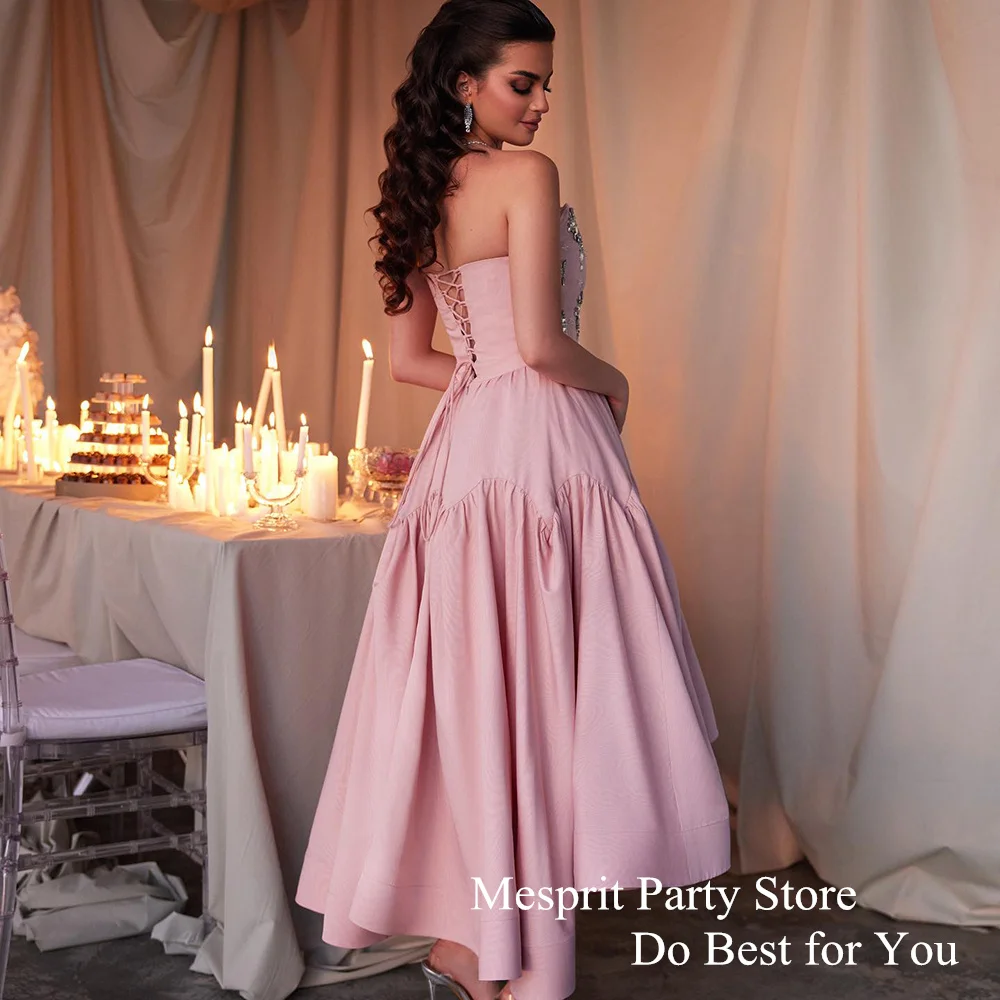 Luxury Beads Evening Dress Strapless Sleeveless Rhinestones A Line Tea Length Pink Satin Cocktail Party Gown Prom Dresses