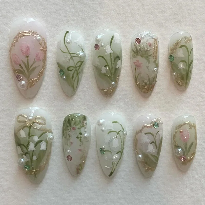 24Pcs Sweet Almond Nails Set Press On Nails Cute Mini Flower False Nail Floral Bow Diamond Full Cover Artificial Nails Art Tips