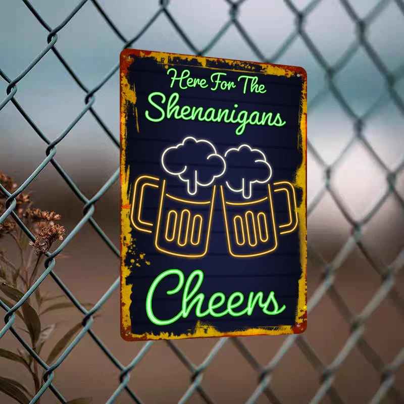 Here For The Shenanigans Cheers Neon Style Beer Mugs Metal Tin Sign Wall Decor For Bar Pub Home