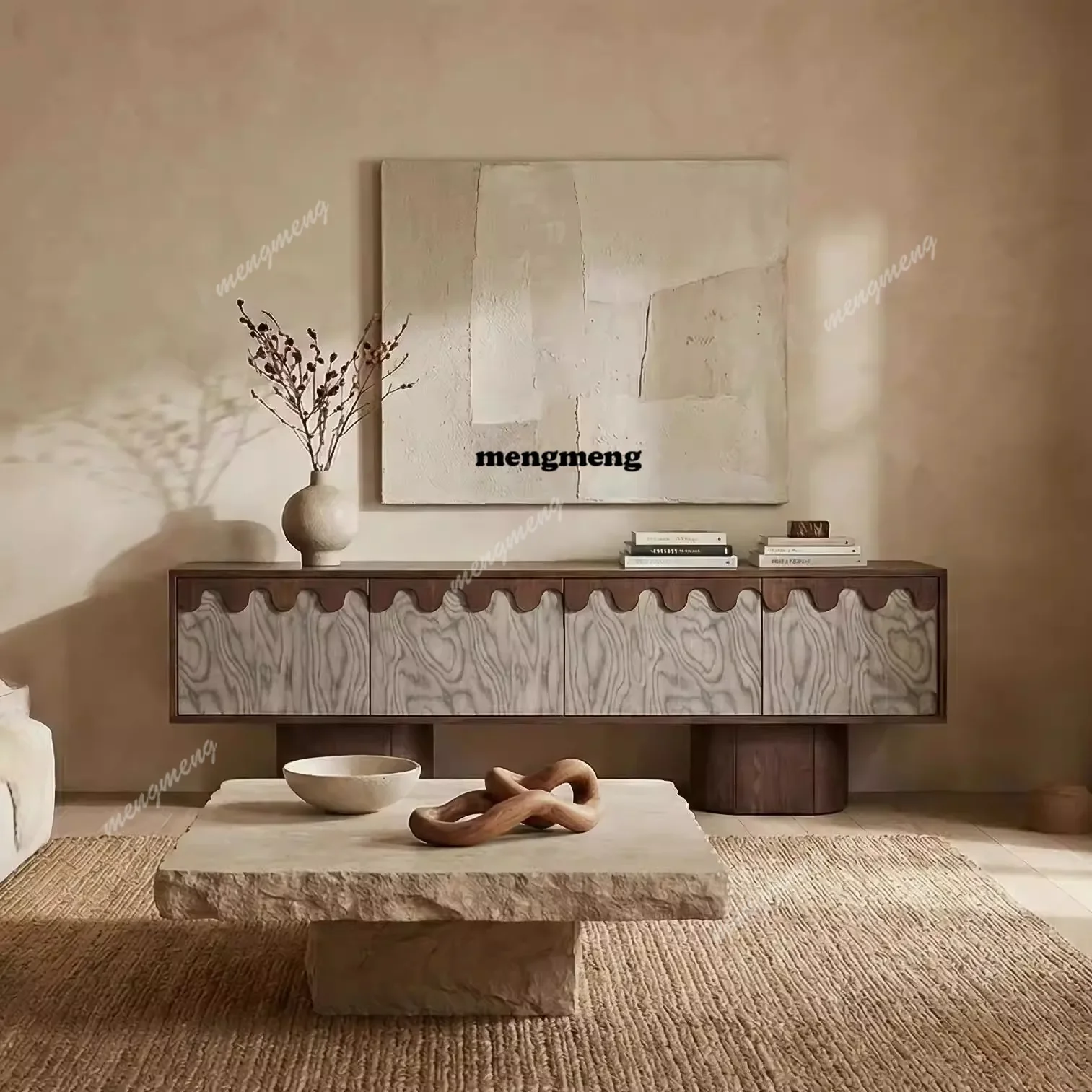 

Hot sales Wabi Sandy Wind Solid Wood TV Cabinet Wave Edge Design Log Color Living Room Furniture Tree Tumor Wall Storage Cabinet