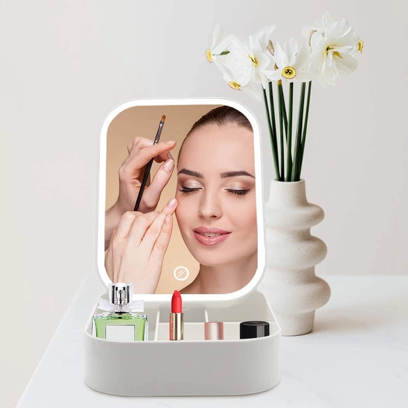 Table Makeup Mirror Case LED Fill Light Cosmetic Storage Box,Fold Contact Control Desk Organizer For Home Travel