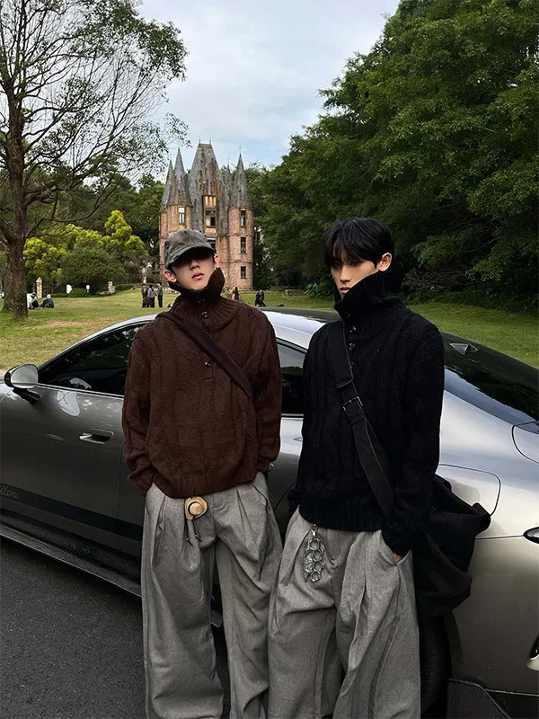 

Retro American Knitted Sweater Men's Loose Casual f Open Collar Haome Knitwear Top Polyester Fiber Autumn Winter Faion