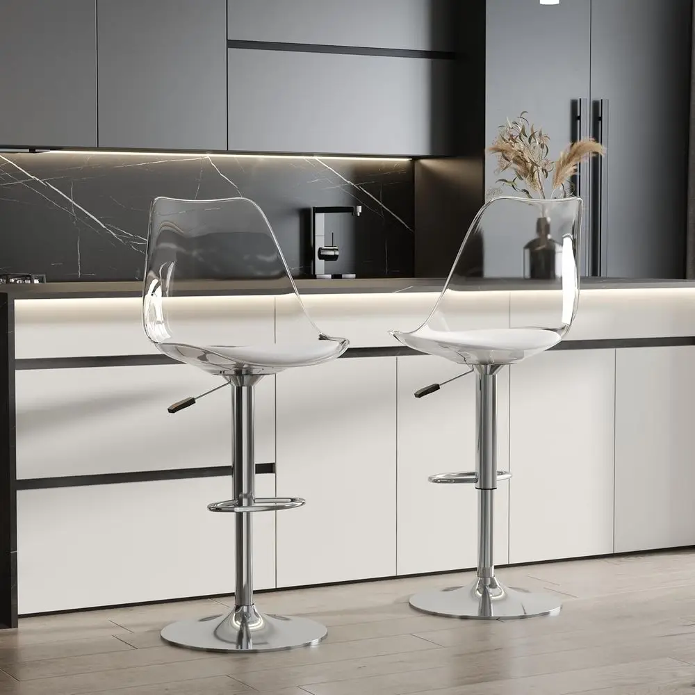 

Adjustable Swivel Bar Stools Set of 2, PU Leather Upholstered, Acrylic Backrest, Silver Legs for Kitchen, Home Bar, Restaurants