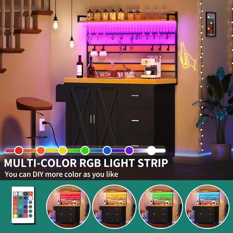 رف الخبازين مع مخرج طاقة وإضاءة LED، حامل ميكروويف مقاس 53 بوصة مع خزانة تخزين وعداد سميك، بيت المزرعة