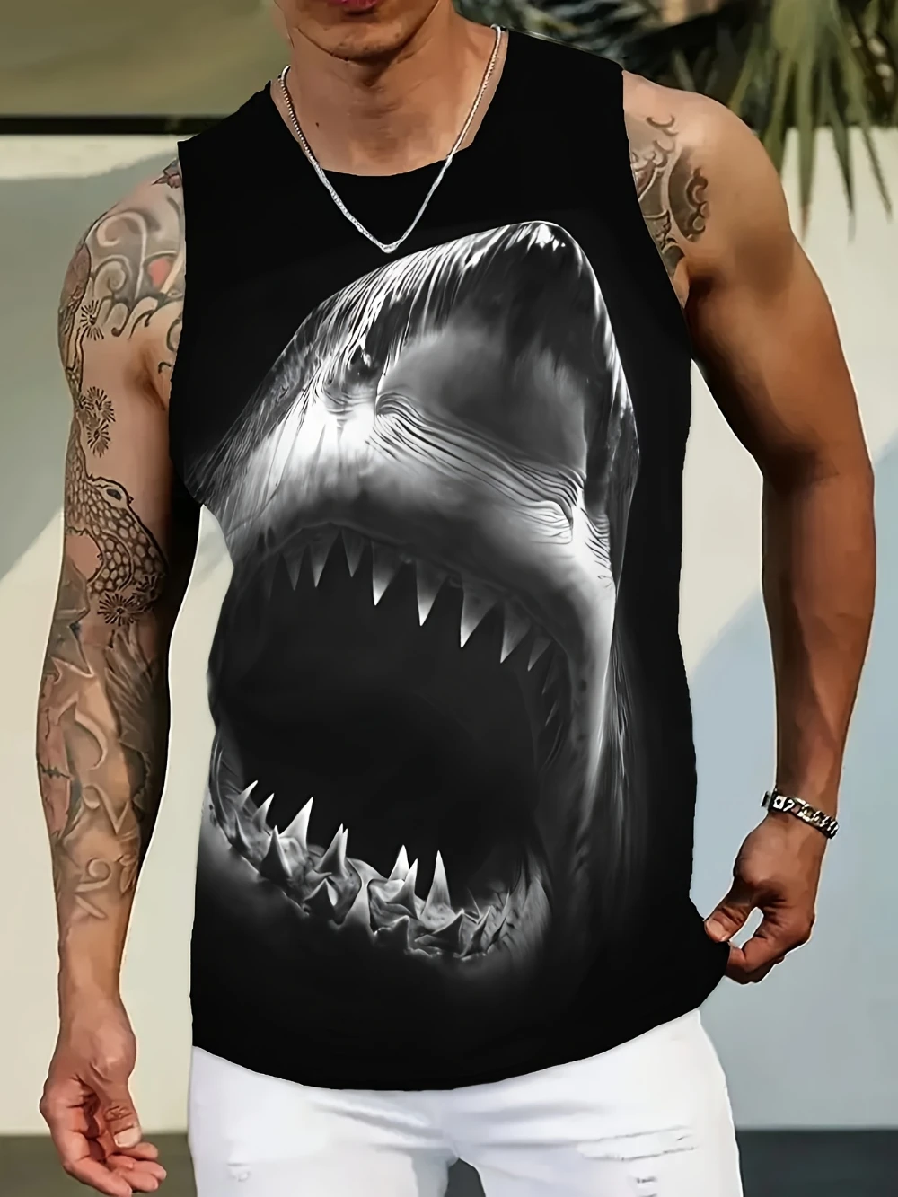 

Мужской летний жилет без рукавов с 3D принтом акулы, впитывающая пот дышащая футболка для занятий спортом на открытом воздухе, фитнеса и отпуска