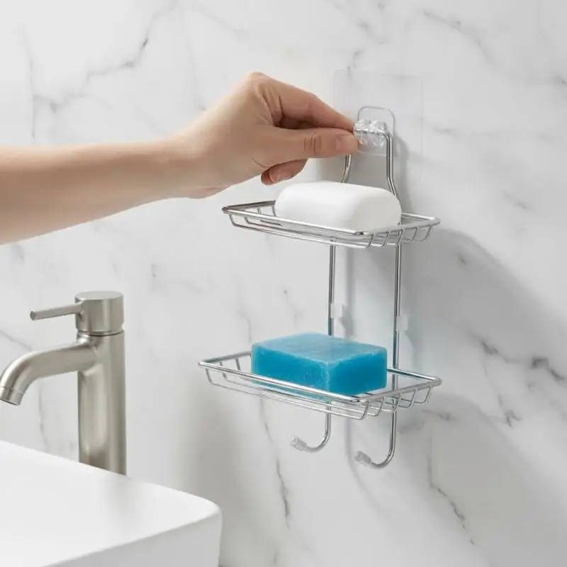 Stainless Steel Double Tier Draining Soap Dish Holder No Drill Wall Mounted Soap Rack Bathroom Kitchen Shower Storage Organizer view 6