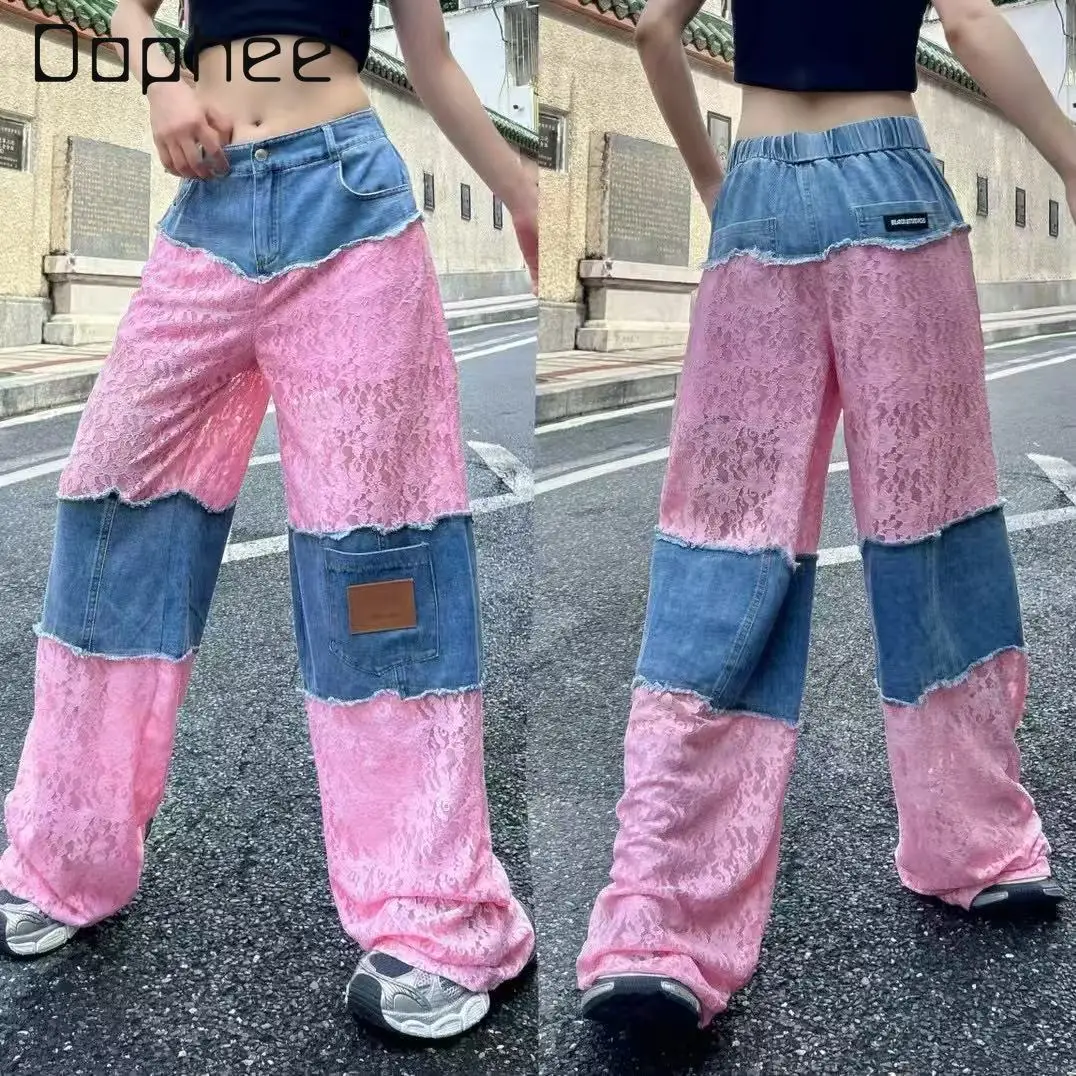 

European Casual Pants Women's 2025 Summer New Personalized Candy-colored Denim Splicing Lace Perspective Trousers Tide