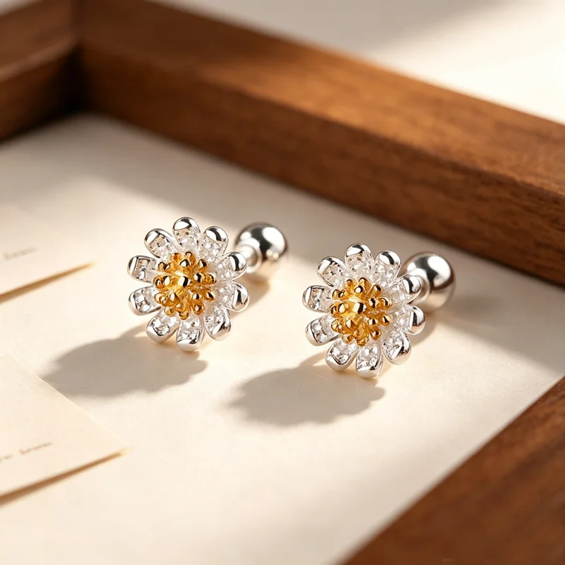 925 Sterling Silver  Stud Earrings Elegant Daisy Flower Small Classic Two Tone For Women Jewelry Gift Dropship Wholesale - view 3