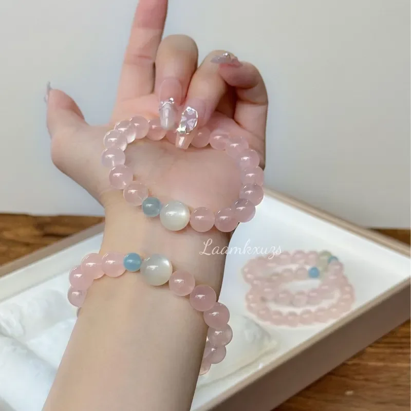 [Sweetheart Girl] Natural Horse Powder Crystal Bracelet Moonstone Aquamarine Niche Design Sense Pink and Versatile