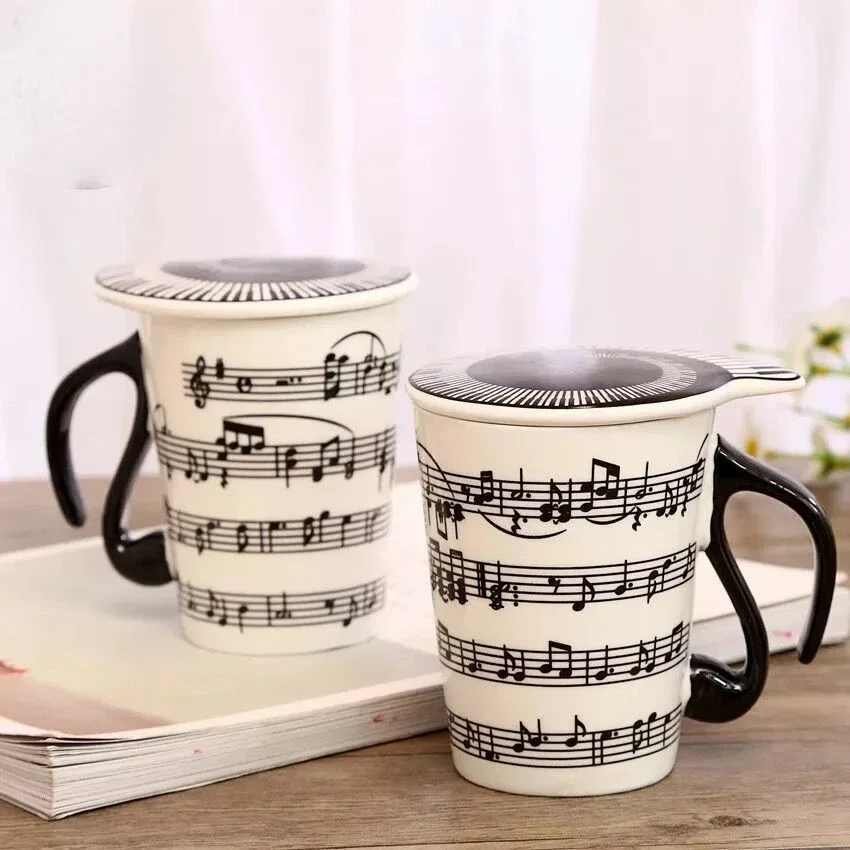 Creative Ceramic Mug, with Cup Lid Coffee Mugs, Piano Musical Note Tea Cup, Travel Cups Breakfast Milk Cup, Water Bottle Gift 2