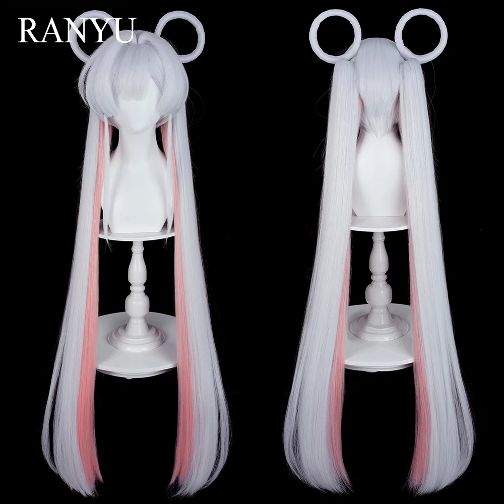 

Короткий прямой белый парик с розовым омбре, синтетический, с длинными двойными хвостами на заколках, для косплея в стиле аниме/игр, пушистый, для повседневной носки и вечеринок