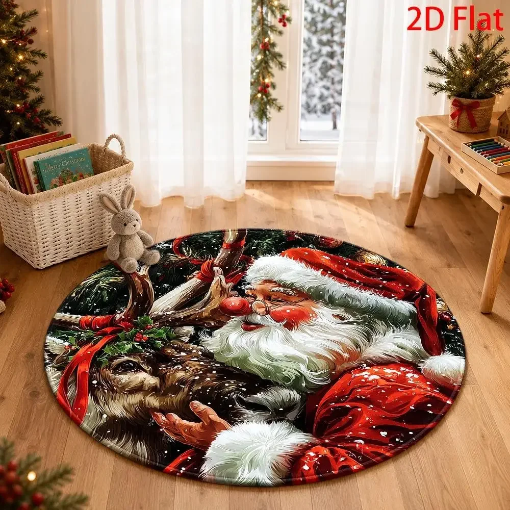 Round Christmas Carpet Winter Snow Cabin Pine Tree Pattern Soft Floor Mat Holiday Ornament for Home Interior Decoration