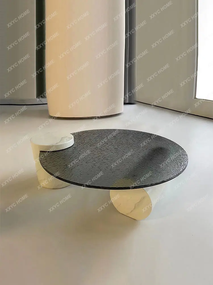 

Marble round Tea Table Light Luxury Modern Water Ripple Glass Creative Living Room Small Apartment High Sense