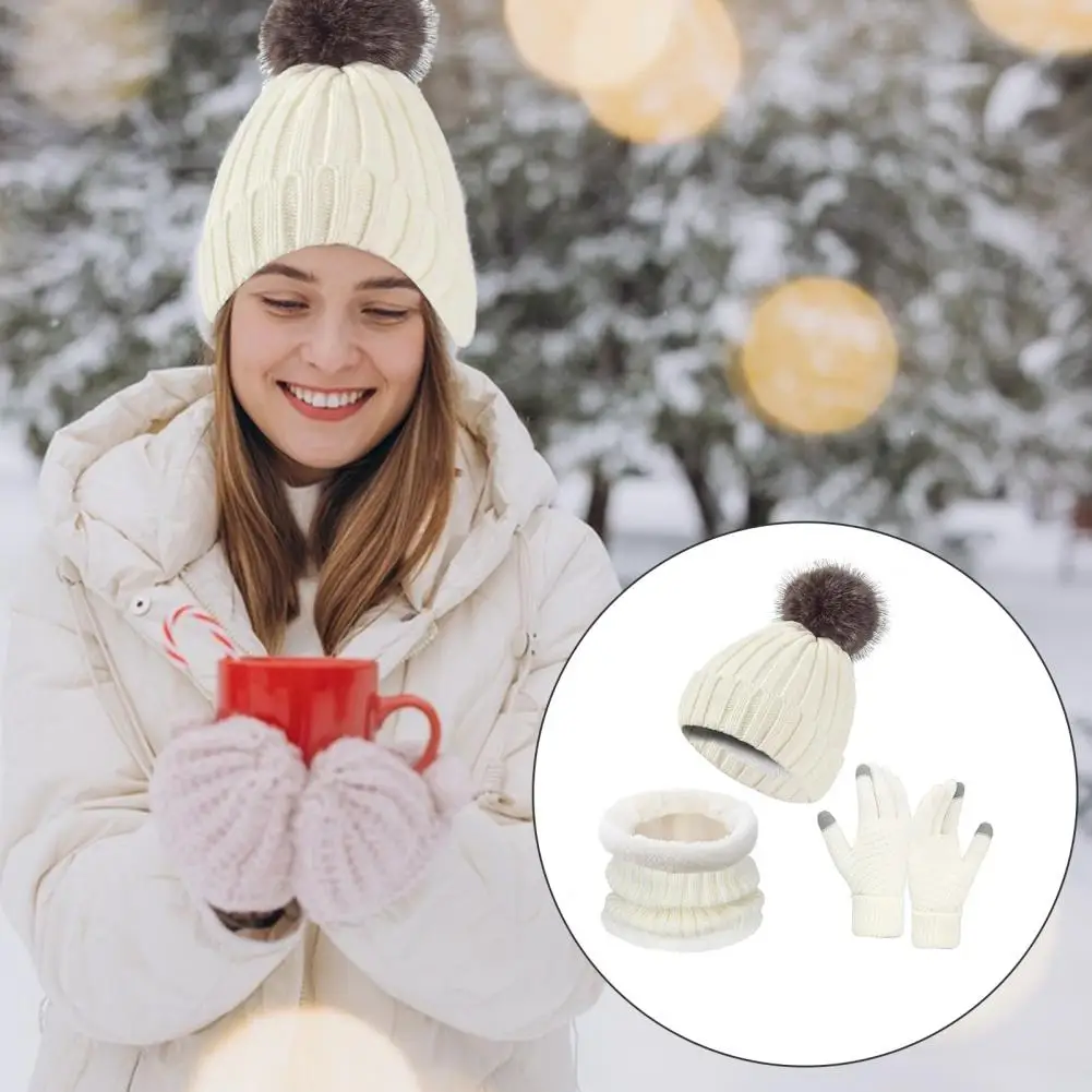 Touch Screen Hat Gloves Set Winter Outdoor Cycling Dome Neck Warp Set Thick Knitted Beanie Scarf Gloves for Unisex Windproof