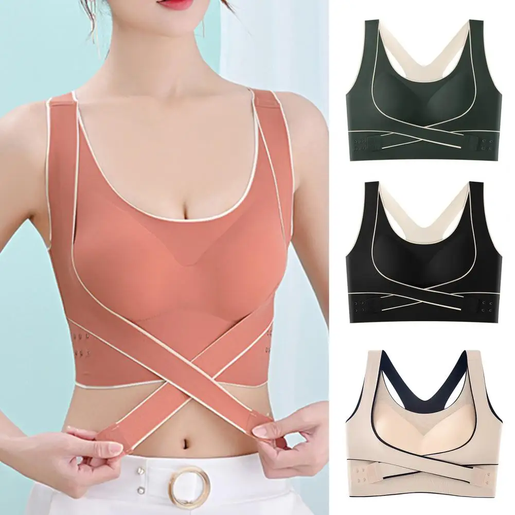 Women Bra Shockproof Back Correction Elastic Push-up Bra Anti-snagging Cross Strap Closure Padded Wireless Lady Sport Bra image 4
