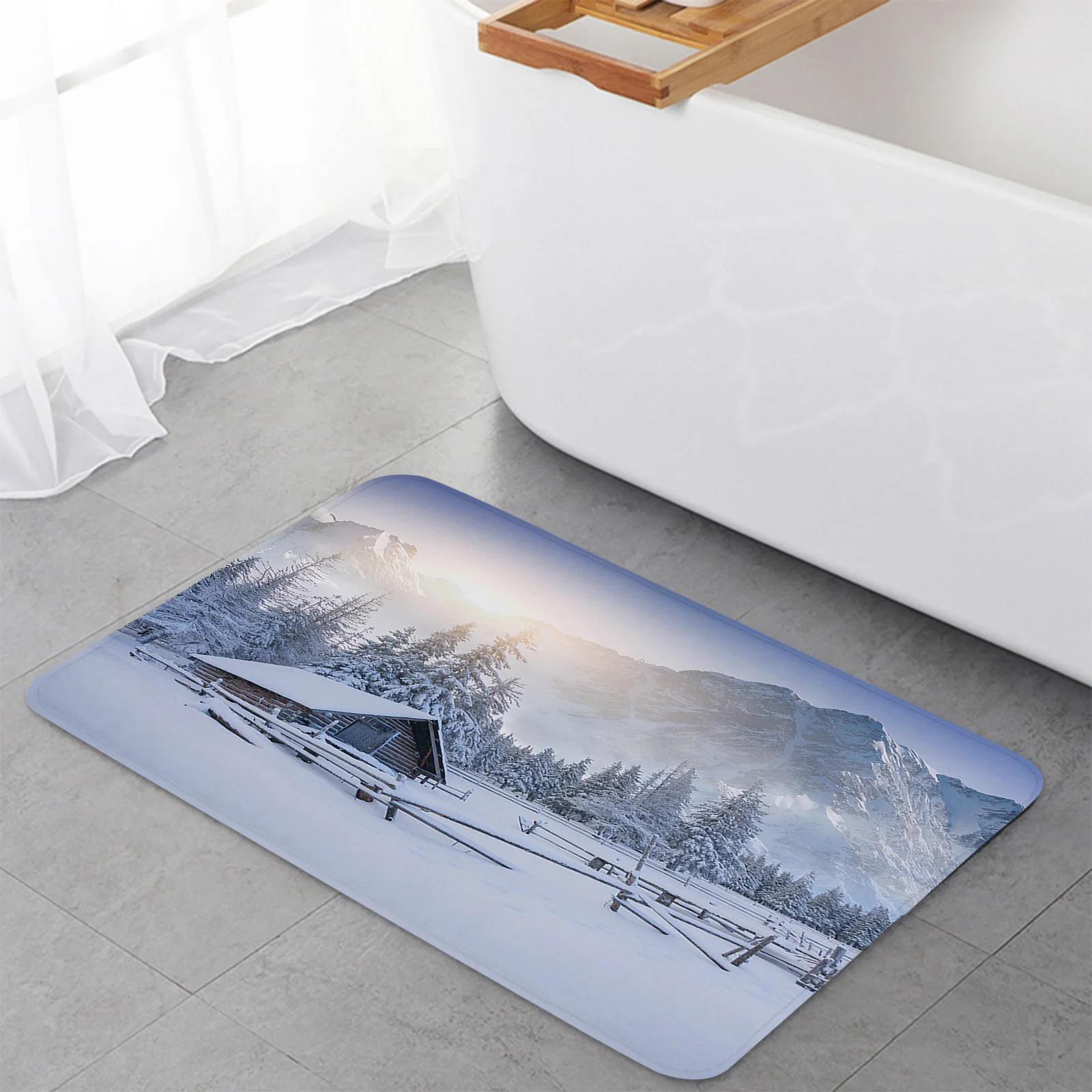 Winter Snow Mountain Morning Scenery House Kitchen Doormat Bedroom Bath Floor Carpet House Hold Door Mat Area Rugs Home Decor