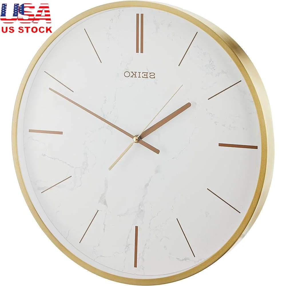 Modern Silent Analog Wall Clock White Marble Effect Goldtone Numerals Battery Operated Round Design Bedroom Living Room