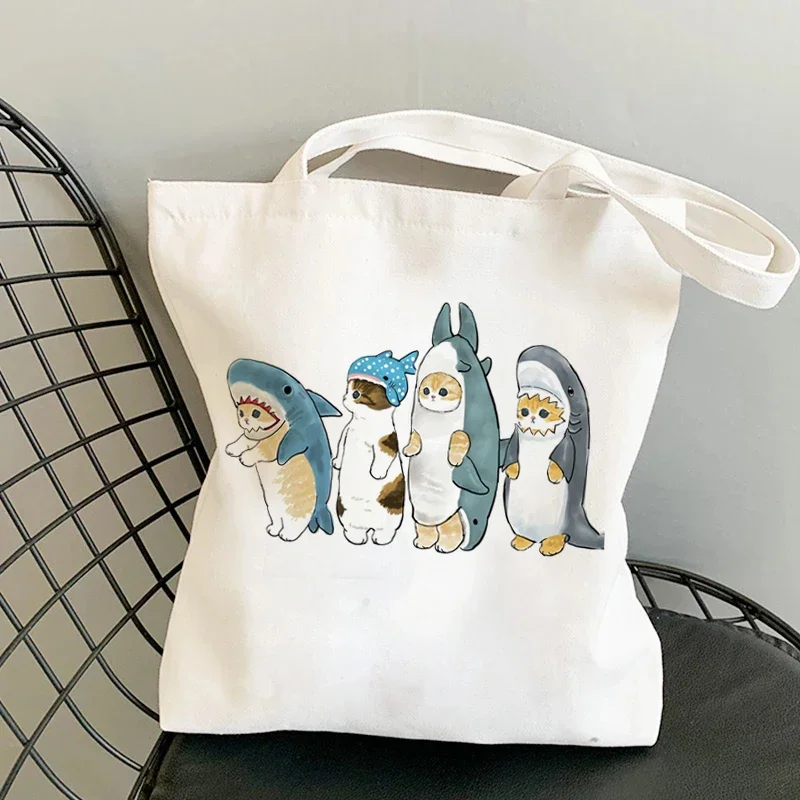 Woman Shopping Bags Kawaii Cartoon Cats Fun Tote Bag Shopper Casual Organizer Lunch Handbags Large Capacity Canvas Shoulder Bags