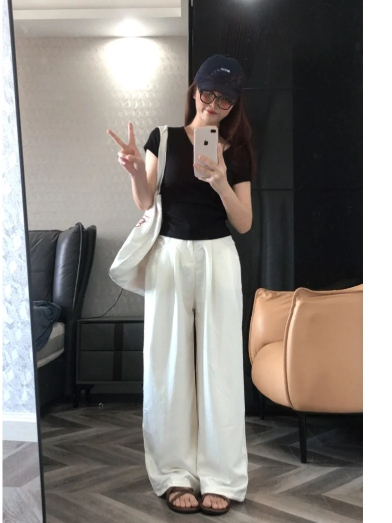 

Брюки Sumui150 с высокой талией и широкими штанинами, повседневные струящиеся брюки для невысоких женщин, весенне-летние длинные брюки прямого кроя для дам